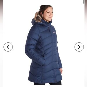 Marmot Women's Navy Puffer Jacket with Faux Fur Hood